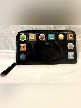 Fendi Black Leather Zip Wallet with Multicolor Studs